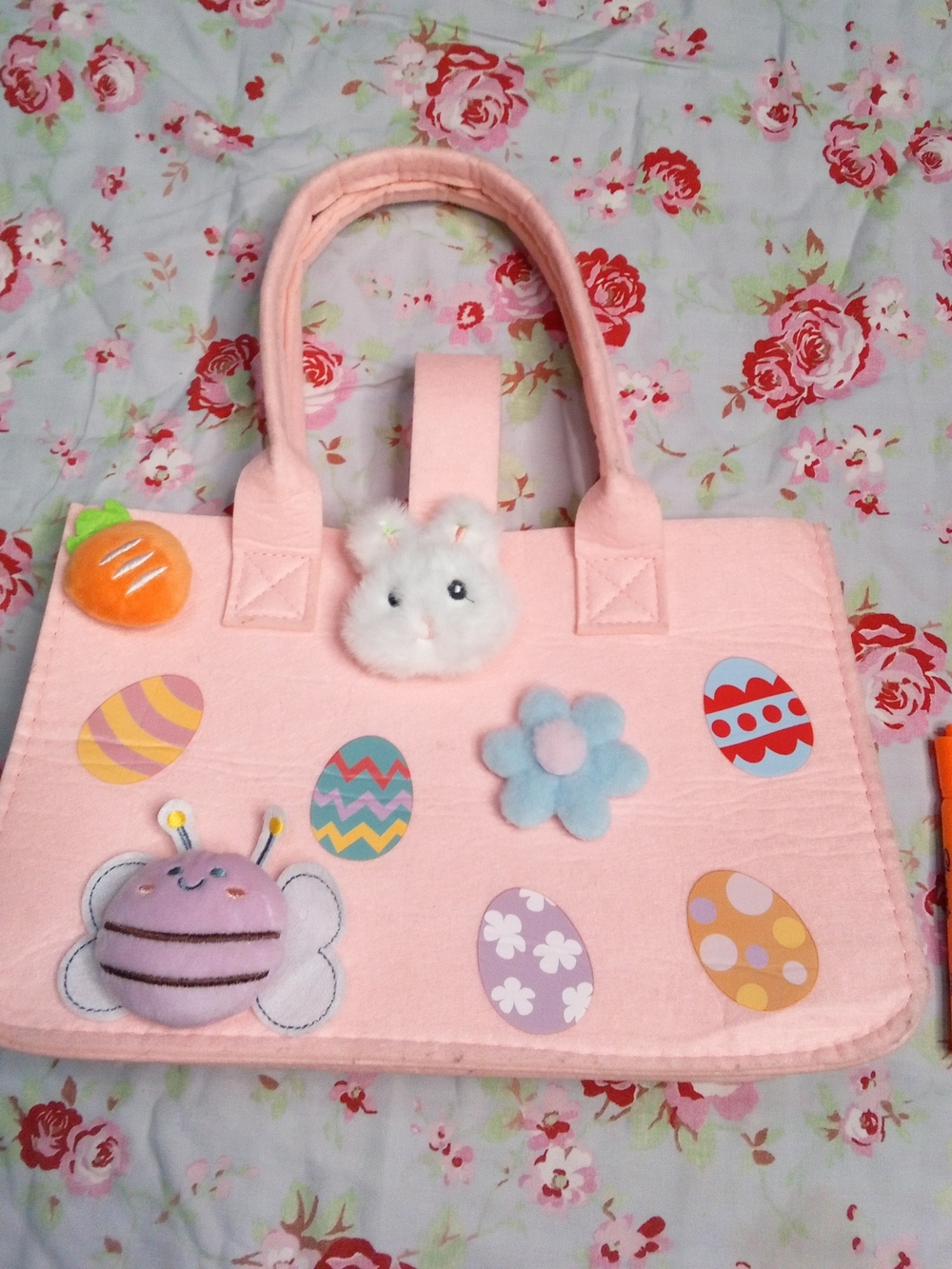 Cute Pink Kids Tote Bag with Plush Bunny and Easter Egg Accents